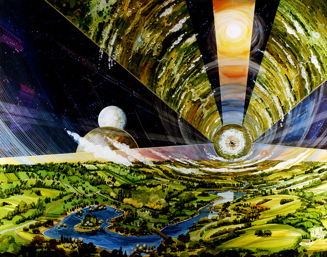 Cylinder Interior Interior view looking out through large windows. Art work: Rick Guidice. Credit: NASA Ames Research Center